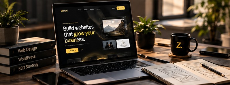 Web design workspace with a laptop, sketchbook and Zamad branded mug